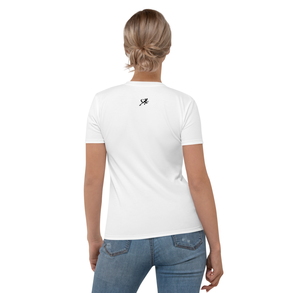 Woman wearing a white t-shirt with 'TARA' logo on a white background