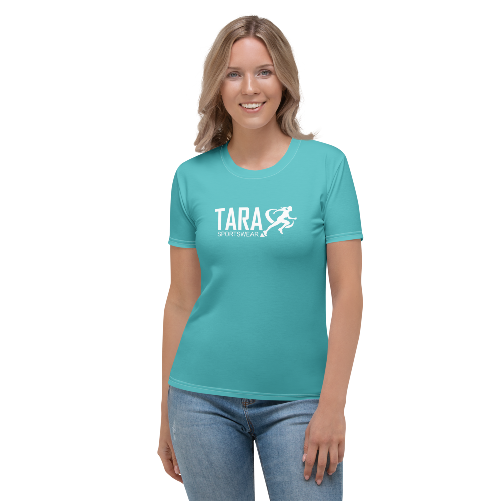 Woman wearing a teal t-shirt with 'TARA' logo on a white background