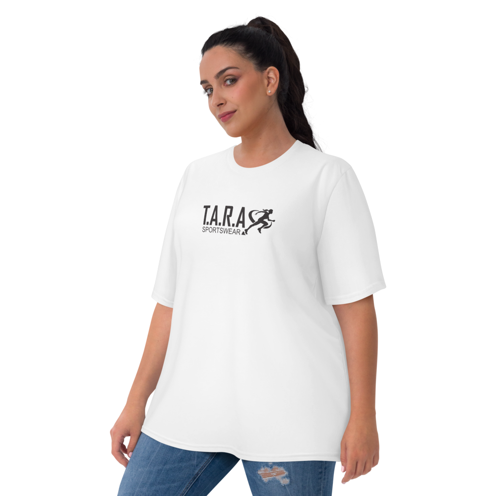 Woman wearing a white t-shirt with 'TARA' logo on a white background