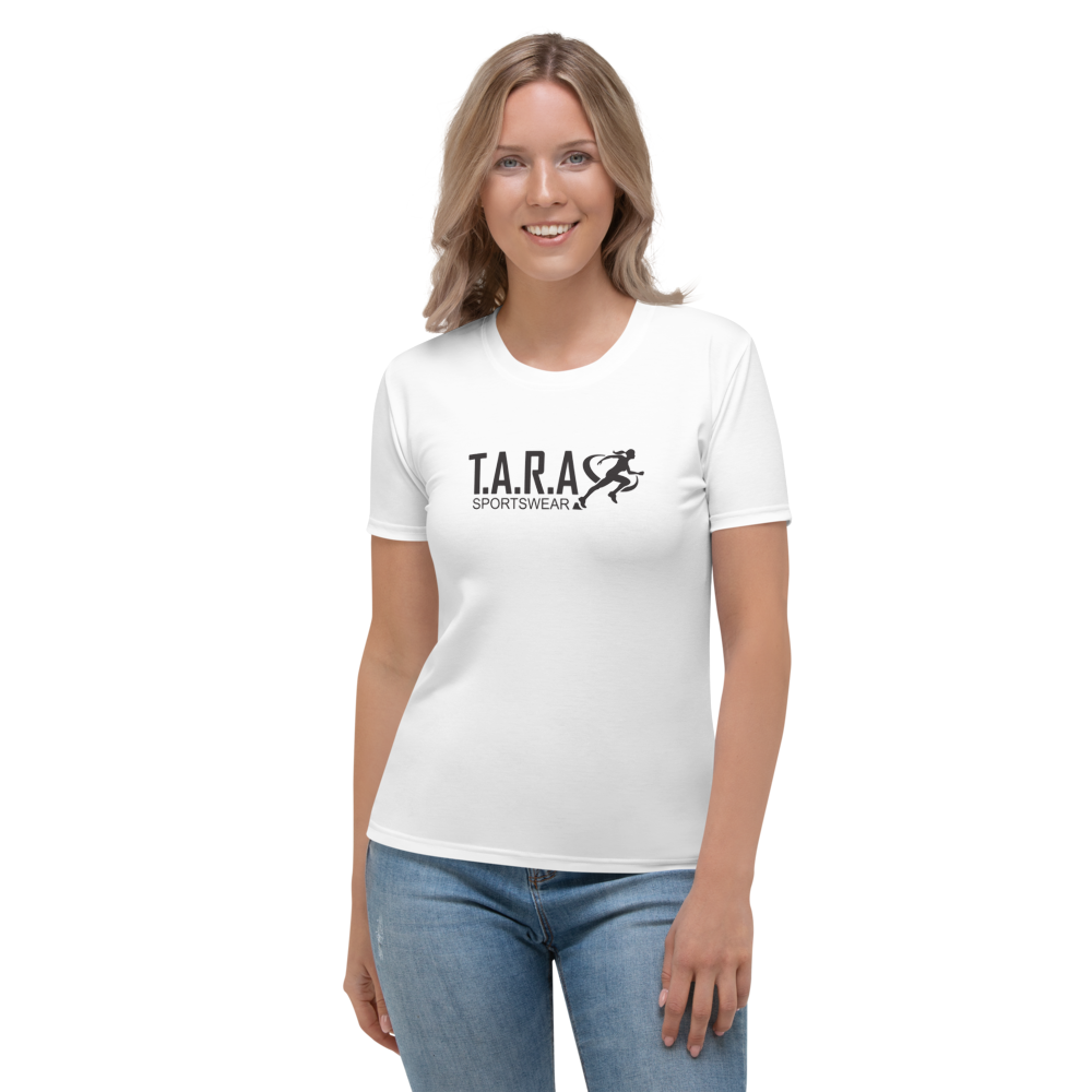 Woman wearing a white t-shirt with 'TARA' logo on a white background