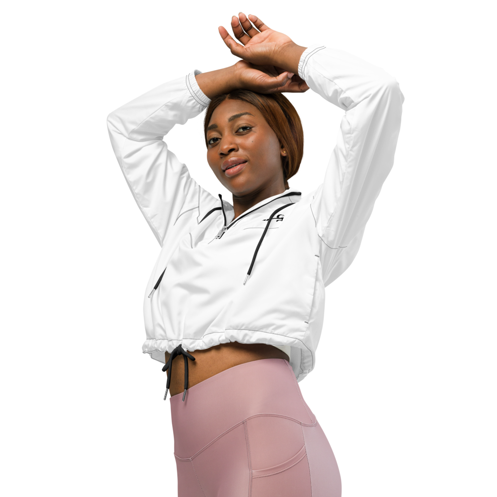 Person wearing a white jacket and pink leggings on a white background