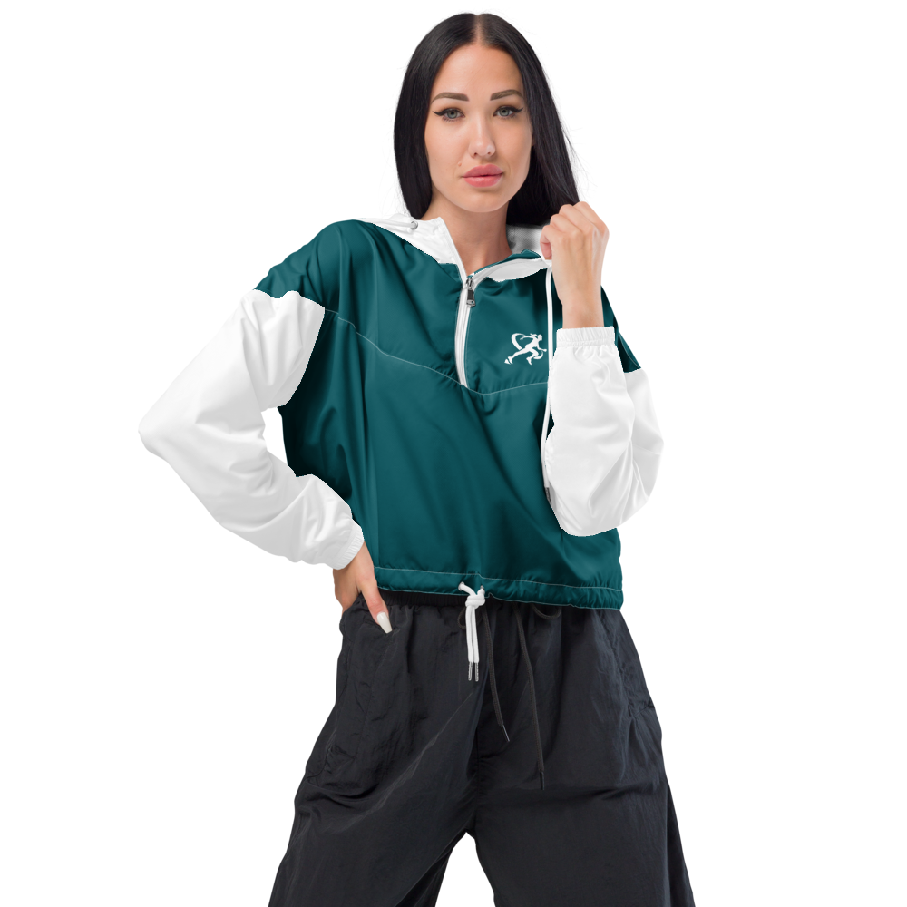 Person wearing a white jacket and black leggings on a white background