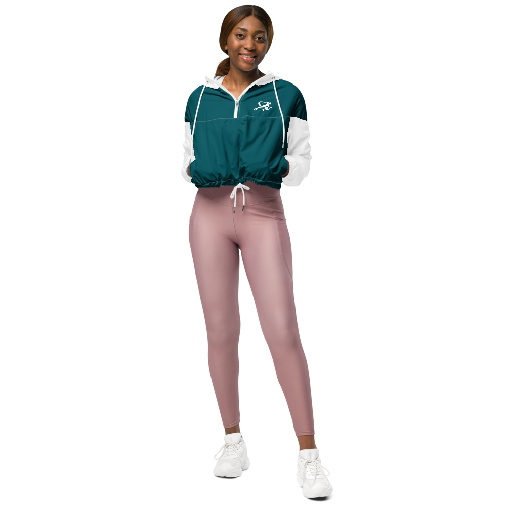 Person wearing a white jacket and pink leggings on a white background