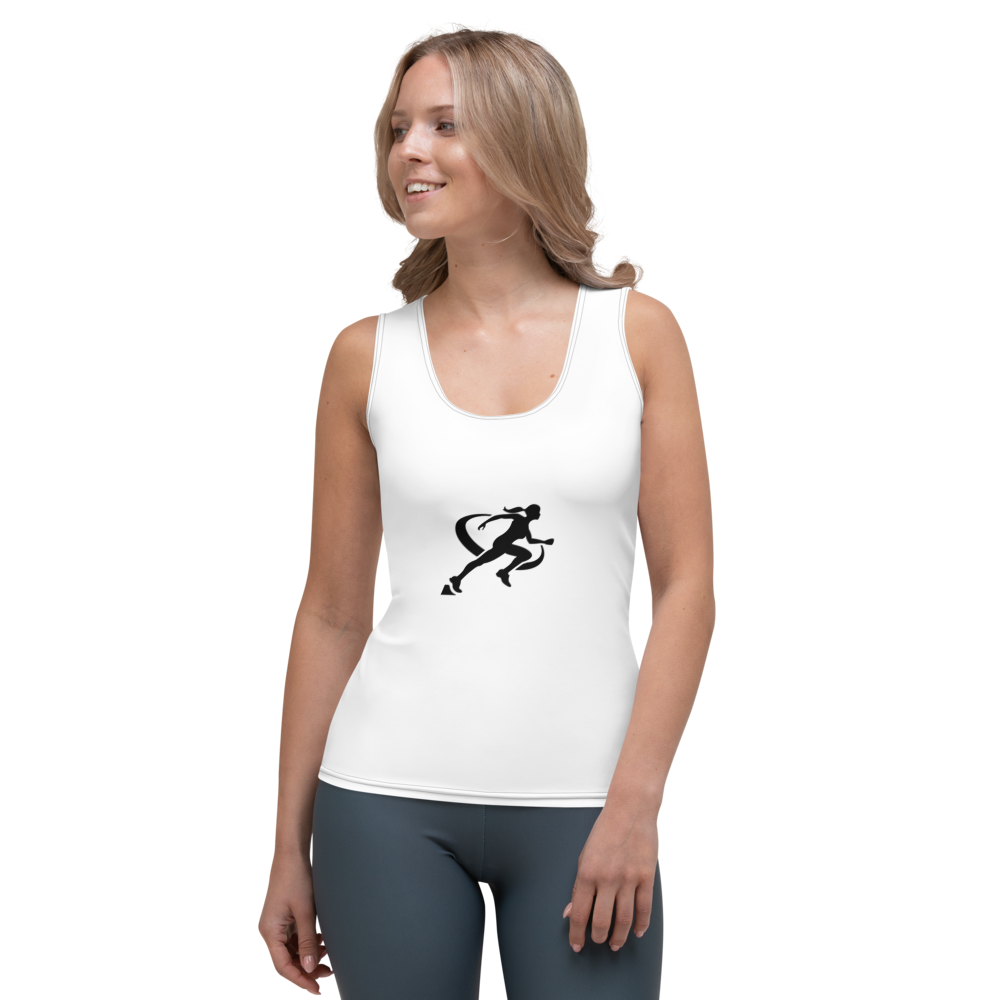 A woman wearing a white tank top with a black graphic of a female figure on the front.