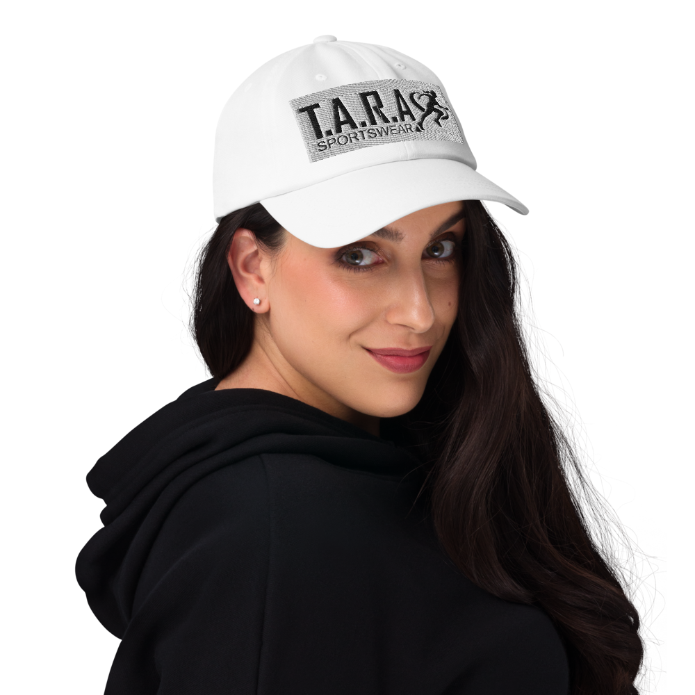 Woman wearing a white cap with a logo on a white background