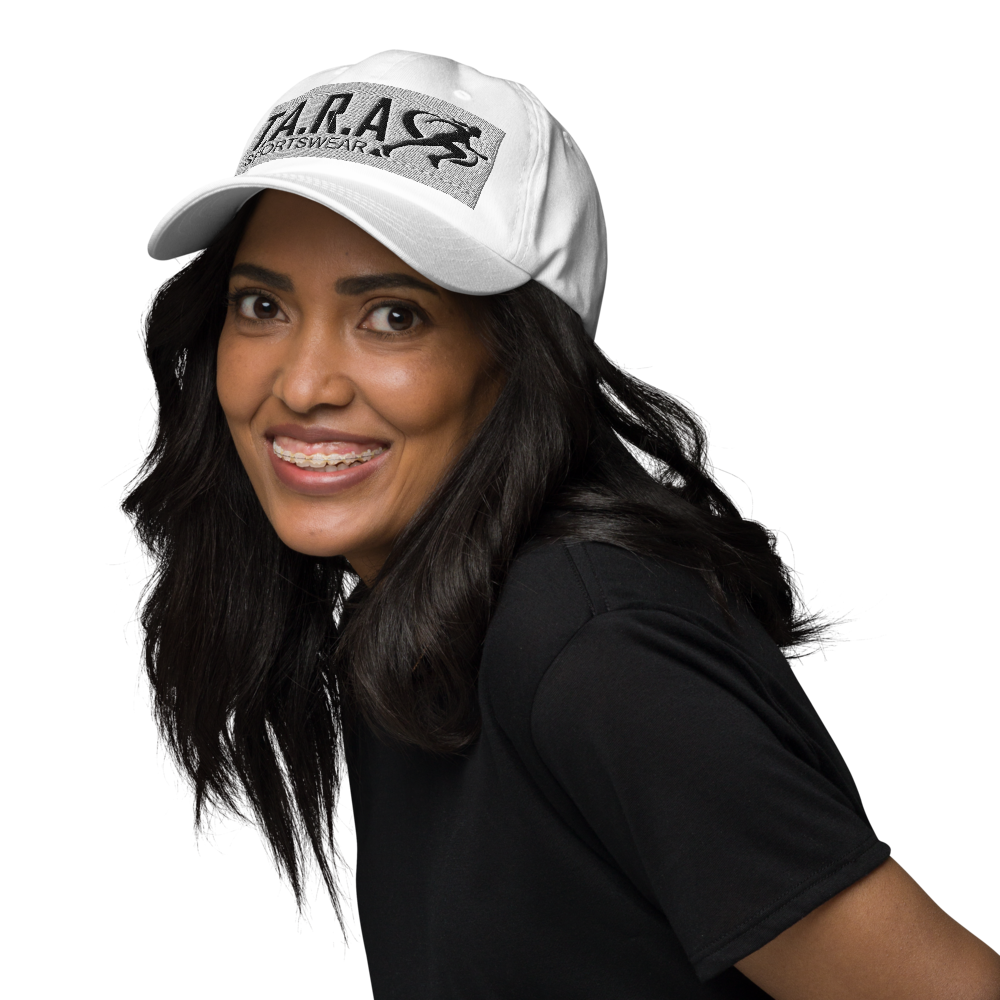Woman wearing a white cap with a logo on a white background