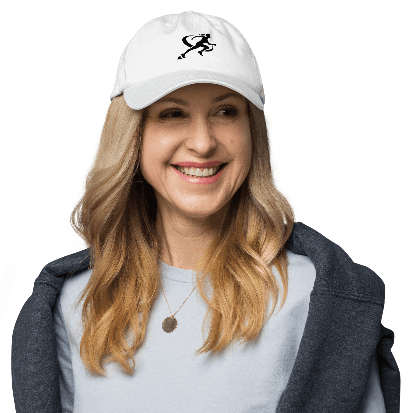 Woman wearing a white cap with a black logo on a white background