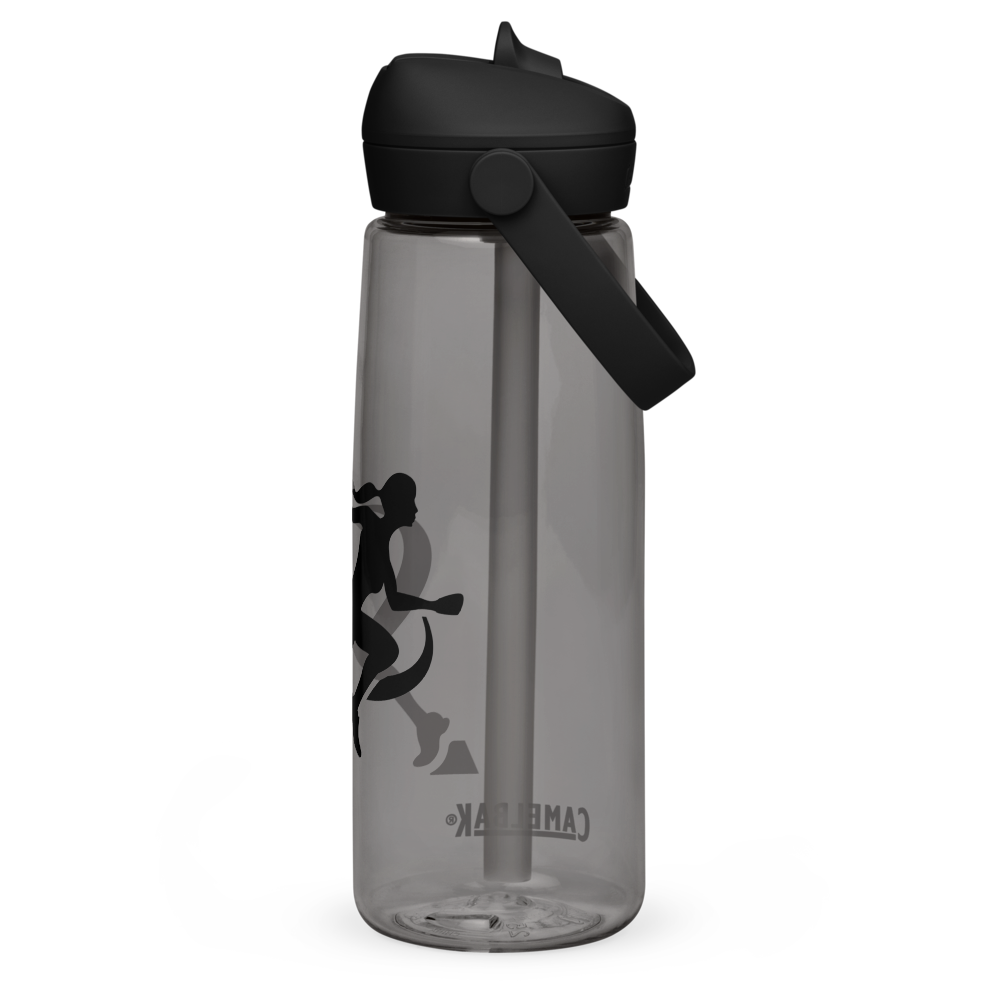 Clear water bottle with black lid and running woman silhouette, surrounded by gym equipment on a light gray background.
