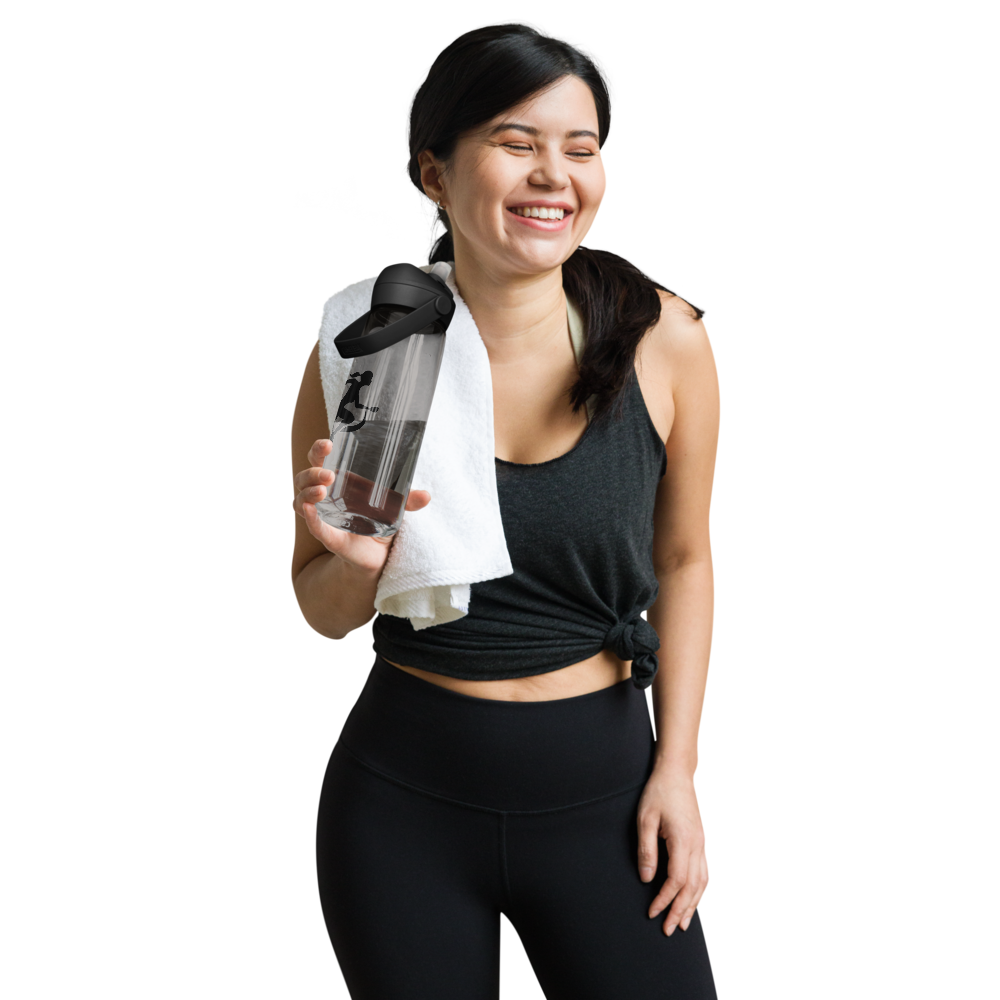 Clear water bottle with black lid and running woman silhouette, surrounded by gym equipment on a light gray background.