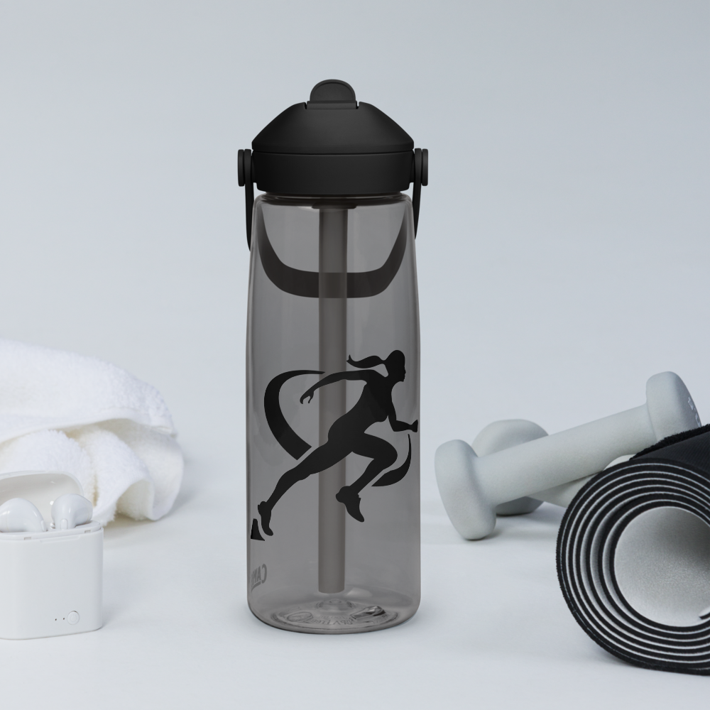 Clear water bottle with black lid and running woman silhouette, surrounded by gym equipment on a light gray background.