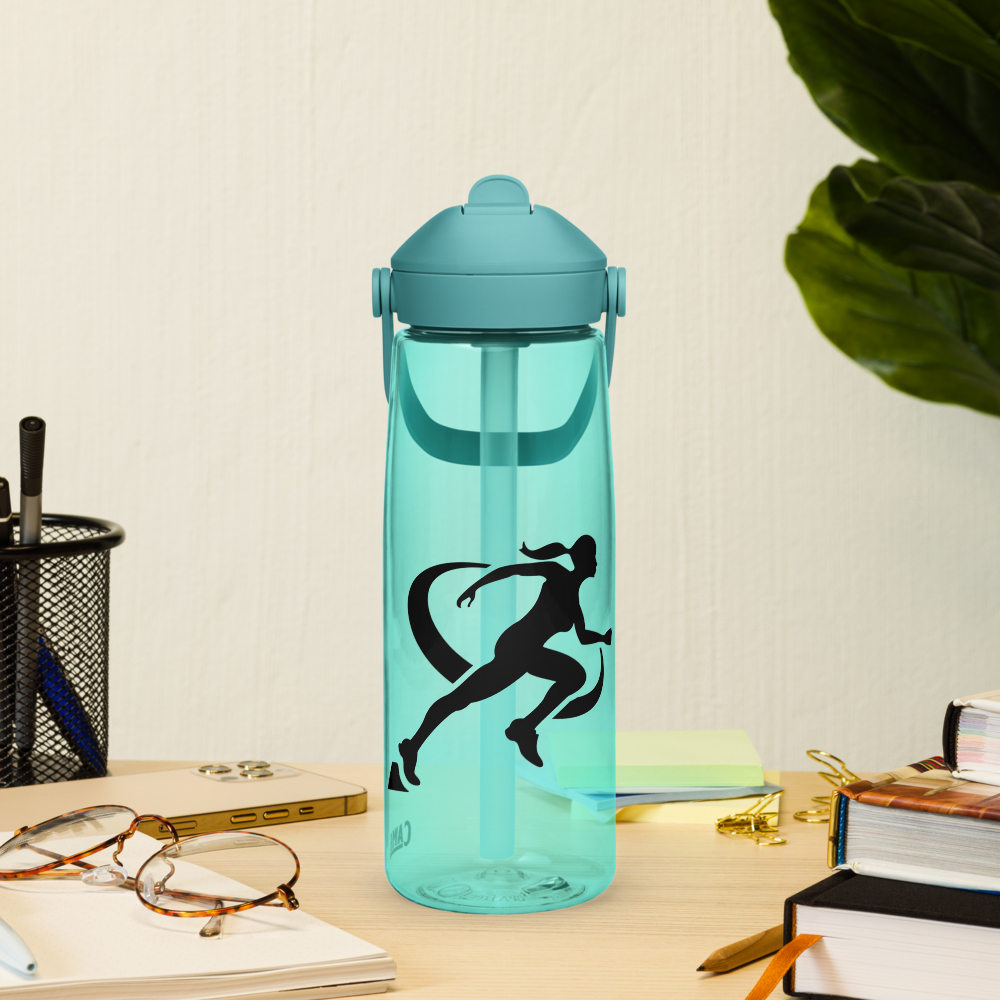 Clear water bottle with cove lid and running woman silhouette, surrounded by gym equipment on a light gray background.