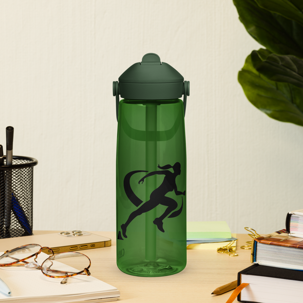 Clear water bottle with forest green lid and running woman silhouette, surrounded by gym equipment on a light gray background.