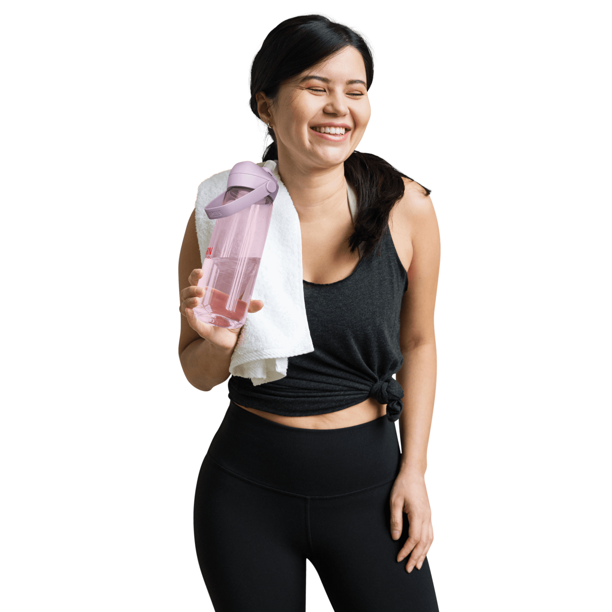 Pink water bottle with 'Burn for what you love' text, dumbbells, and resistance band on a light gray background
