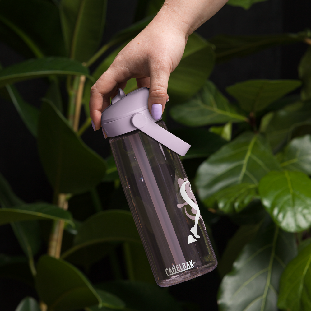 Clear water bottle with pink lid and running woman silhouette, surrounded by gym equipment on a light gray background.