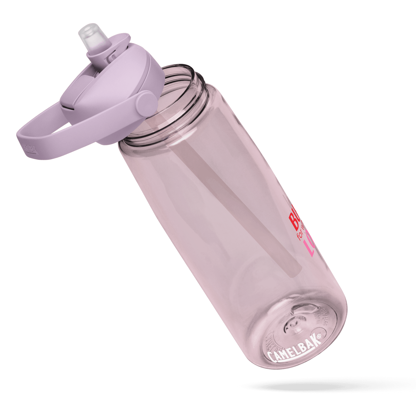 Pink water bottle with 'Burn for what you love' text, dumbbells, and resistance band on a light gray background