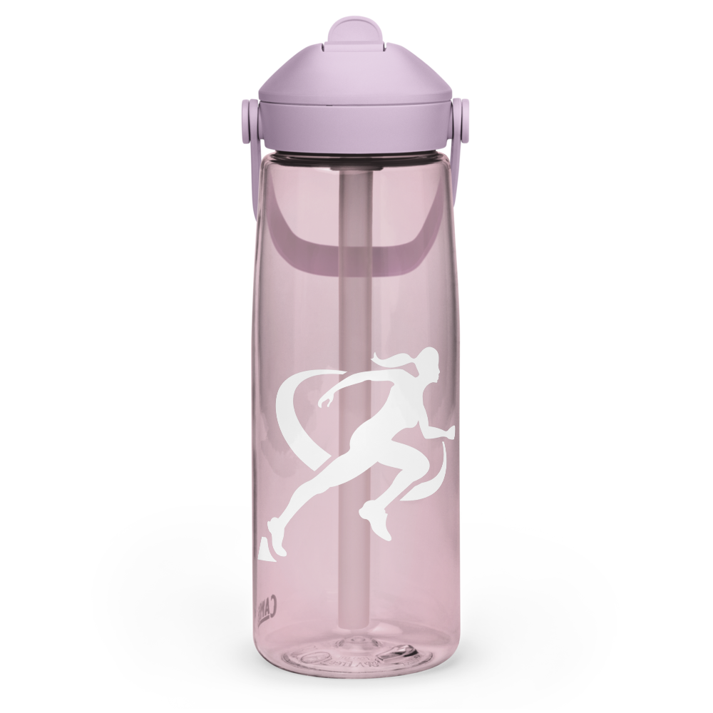 Clear water bottle with pink lid and running woman silhouette, surrounded by gym equipment on a light gray background.
