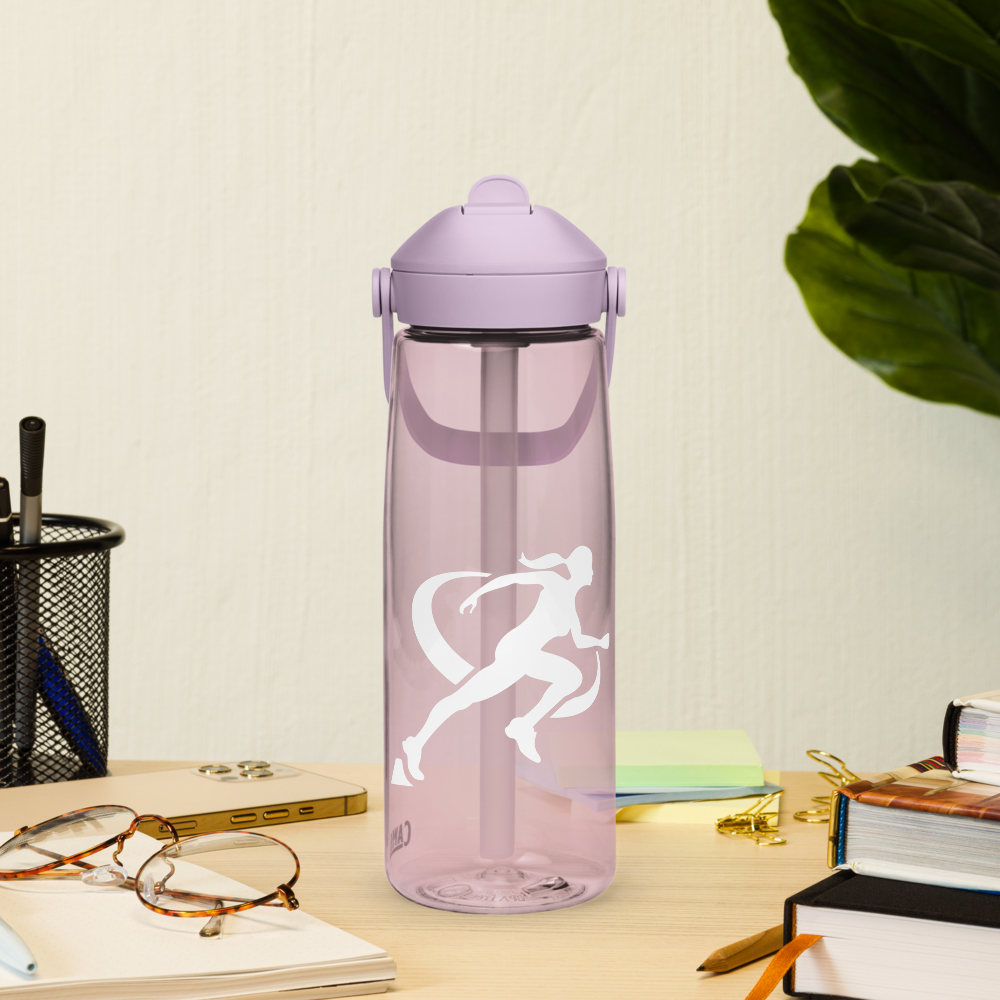 Clear water bottle with pink lid and running woman silhouette, surrounded by gym equipment on a light gray background.