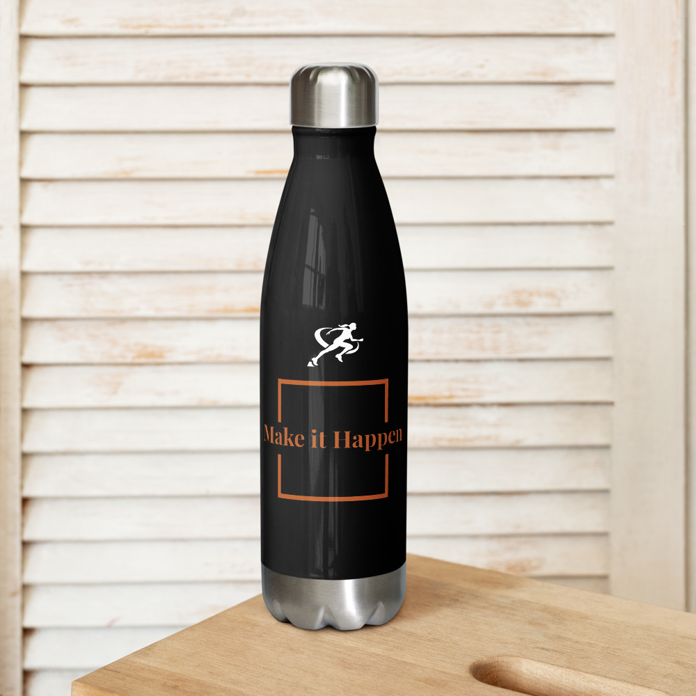 Person holding a black water bottle with a logo and text on a light gray background