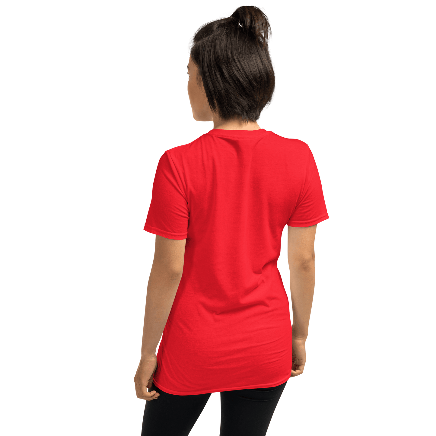 Person wearing a red t-shirt with a black logo on a white background