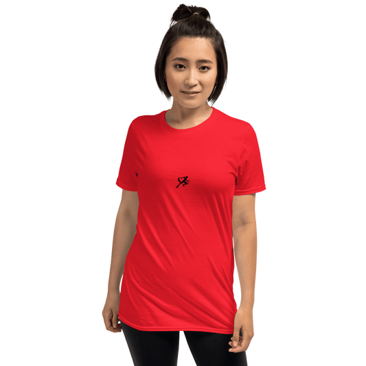 Person wearing a red t-shirt with a black logo on a white background