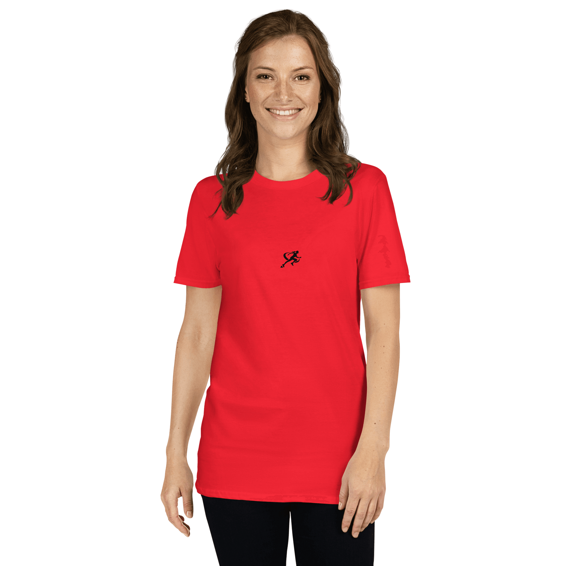 Person wearing a red t-shirt with a black logo on a white background