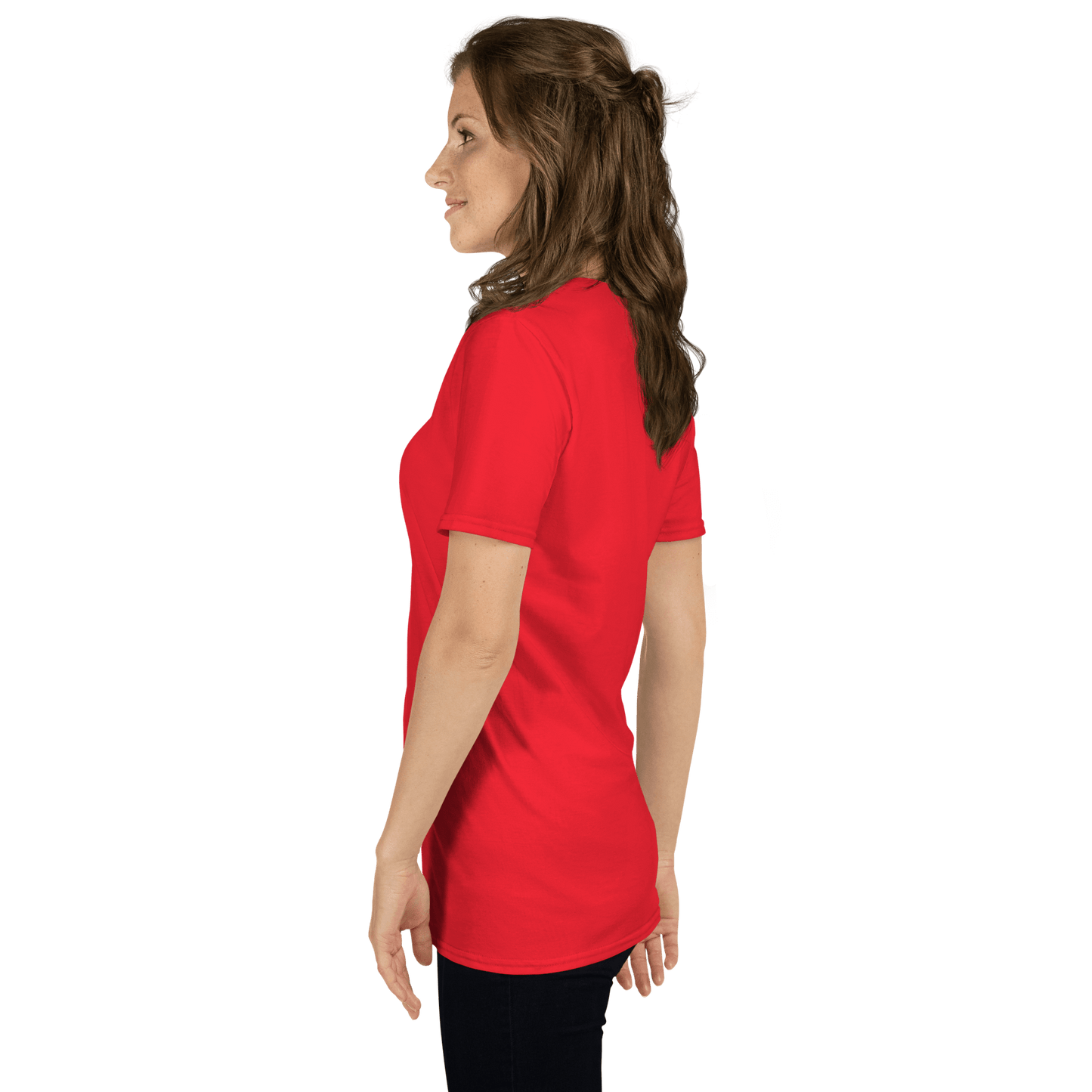 Person wearing a red t-shirt with a black logo on a white background
