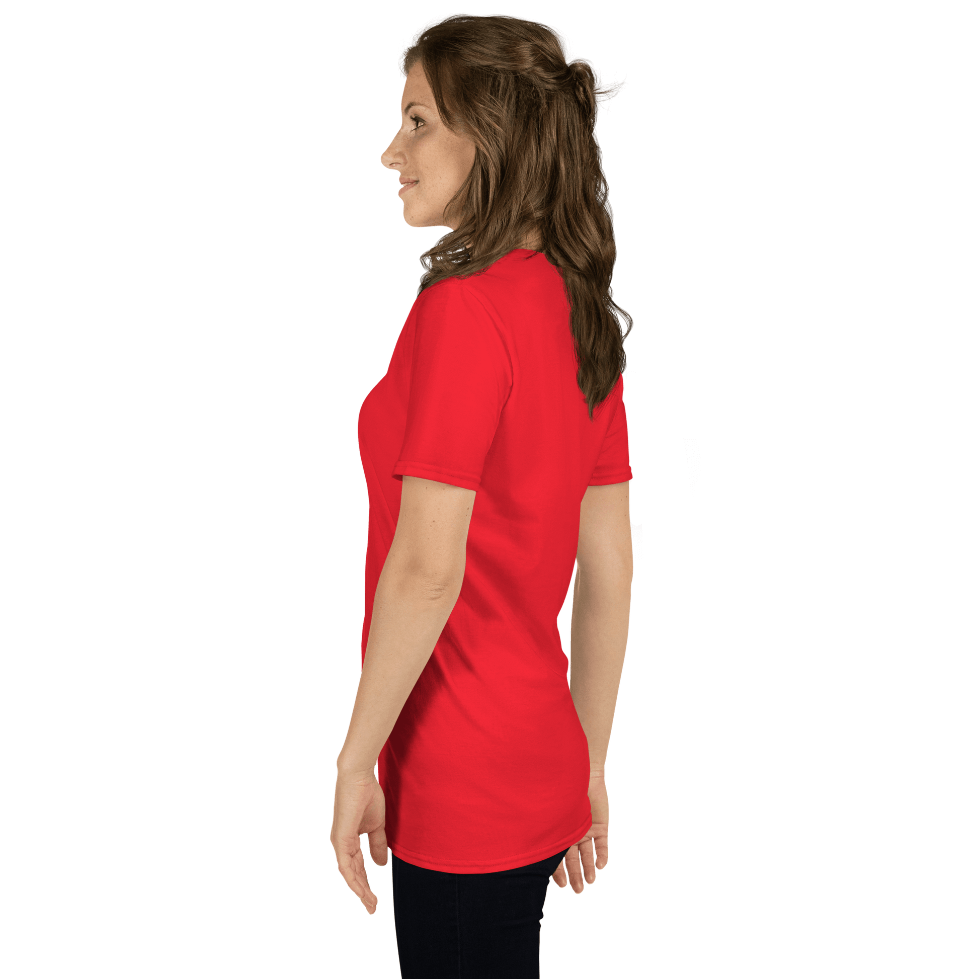 Person wearing a red t-shirt with a black logo on a white background