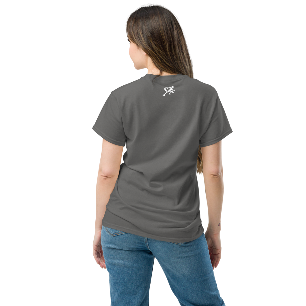 A woman wearing a gray T-shirt with the logo 'T.A.R.A Sportswear' on the back.