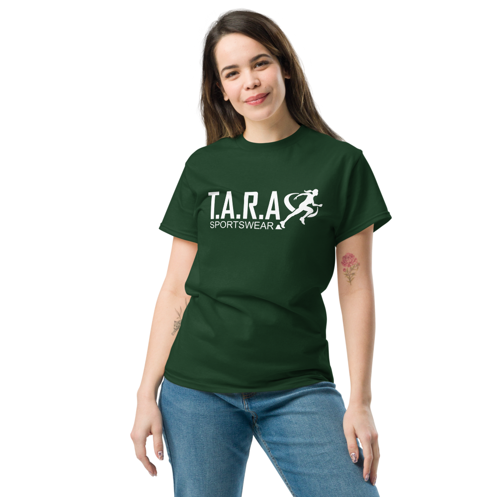 A woman wearing a gray T-shirt with the logo 'T.A.R.A Sportswear' on the front.