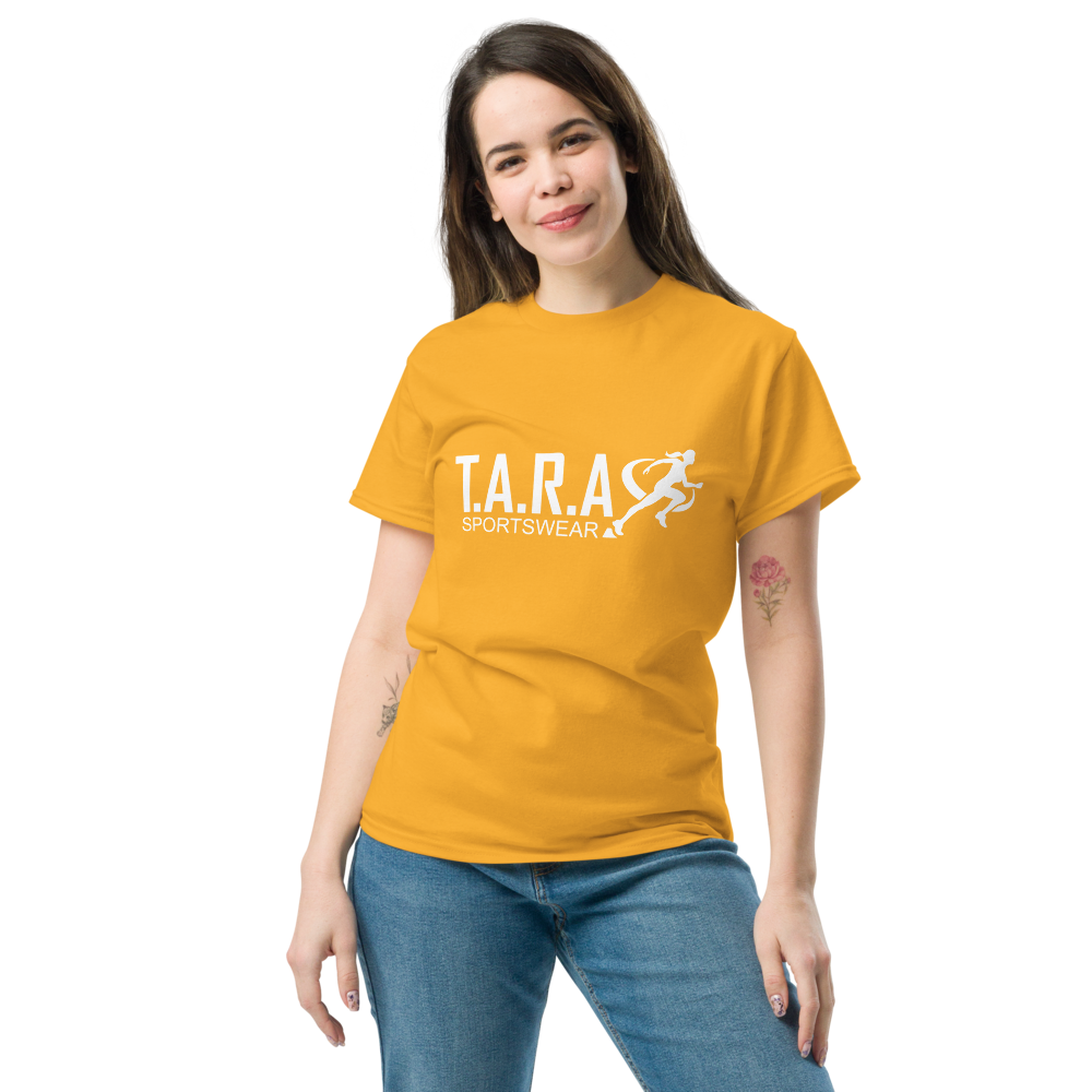 A woman wearing a gold T-shirt with the logo 'T.A.R.A Sportswear' on the front.