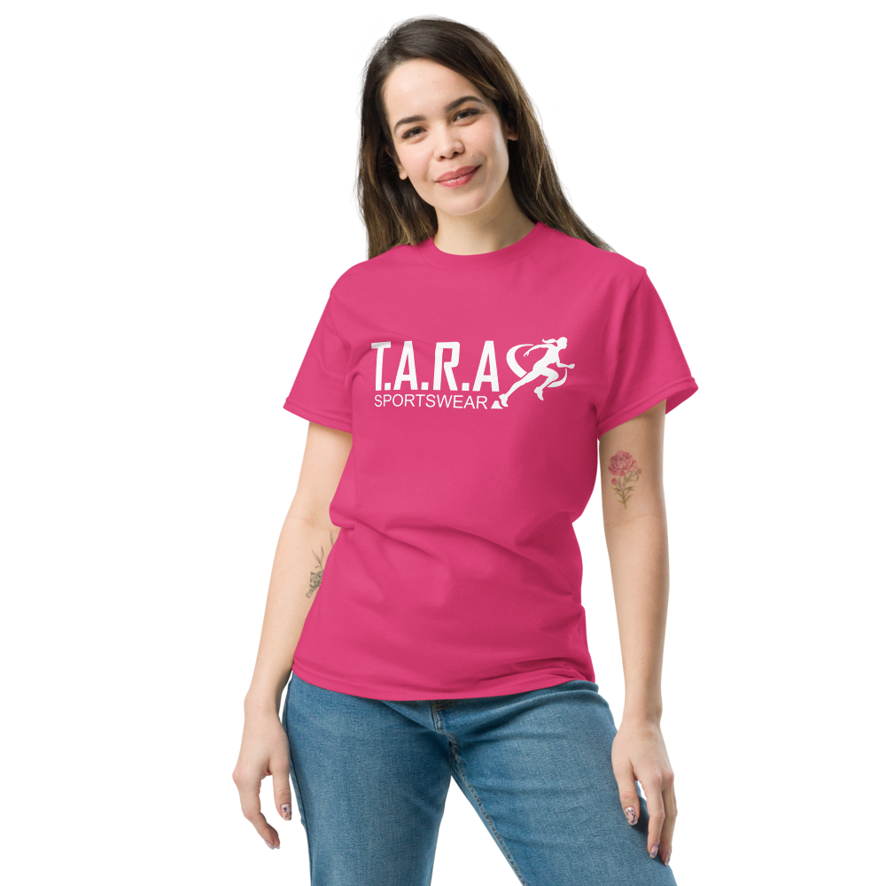 A woman wearing a heliconia T-shirt with the logo 'T.A.R.A Sportswear' on the front.