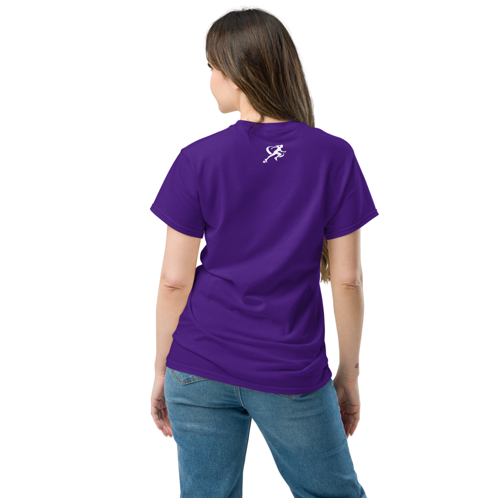 A woman wearing a purple T-shirt with the logo 'T.A.R.A Sportswear' on the back