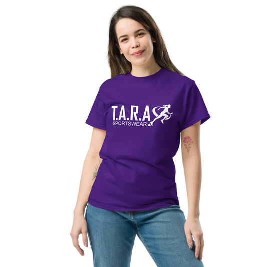 A woman wearing a purple T-shirt with the logo 'T.A.R.A Sportswear' on the front.