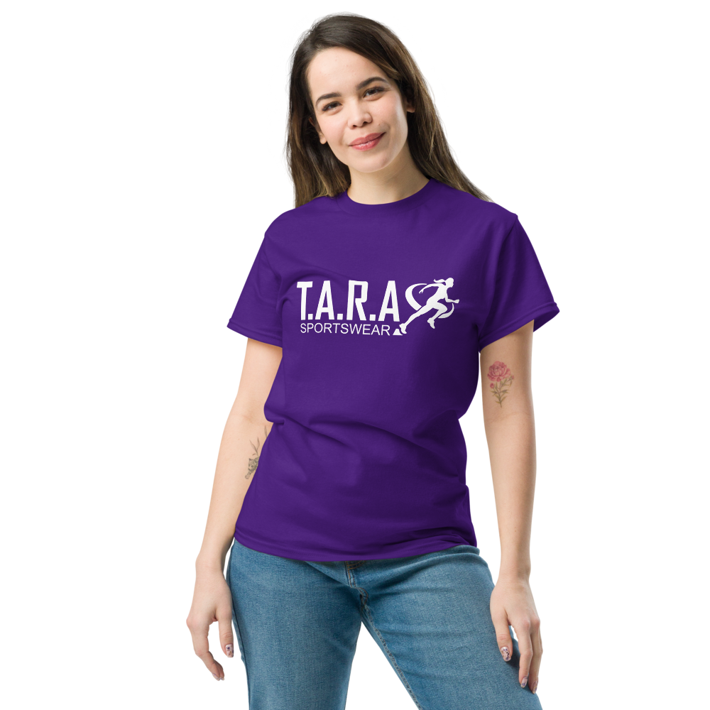 A woman wearing a purple T-shirt with the logo 'T.A.R.A Sportswear' on the front.