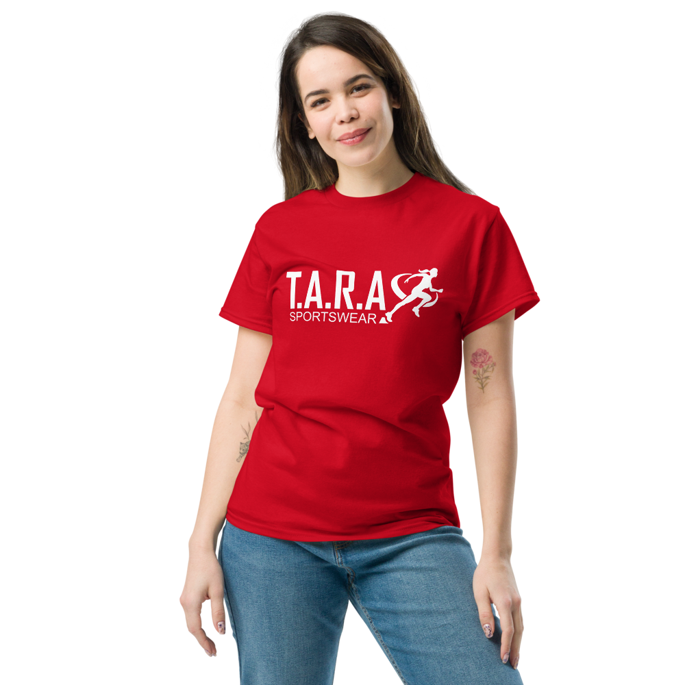 A woman wearing a red T-shirt with the logo 'T.A.R.A Sportswear' on the front.