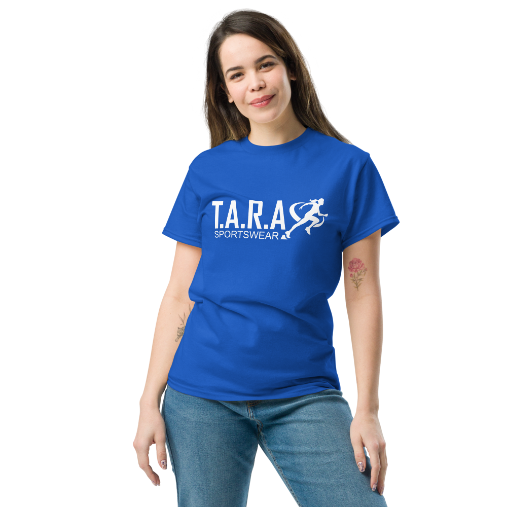 A woman wearing a blue T-shirt with the logo 'T.A.R.A Sportswear' on the front.