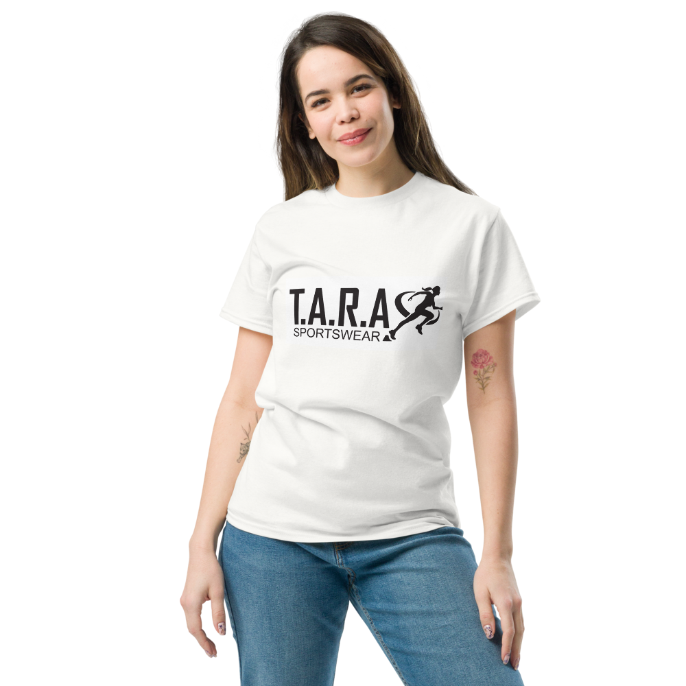 A woman wearing a white T-shirt with the logo 'T.A.R.A Sportswear' on the front.