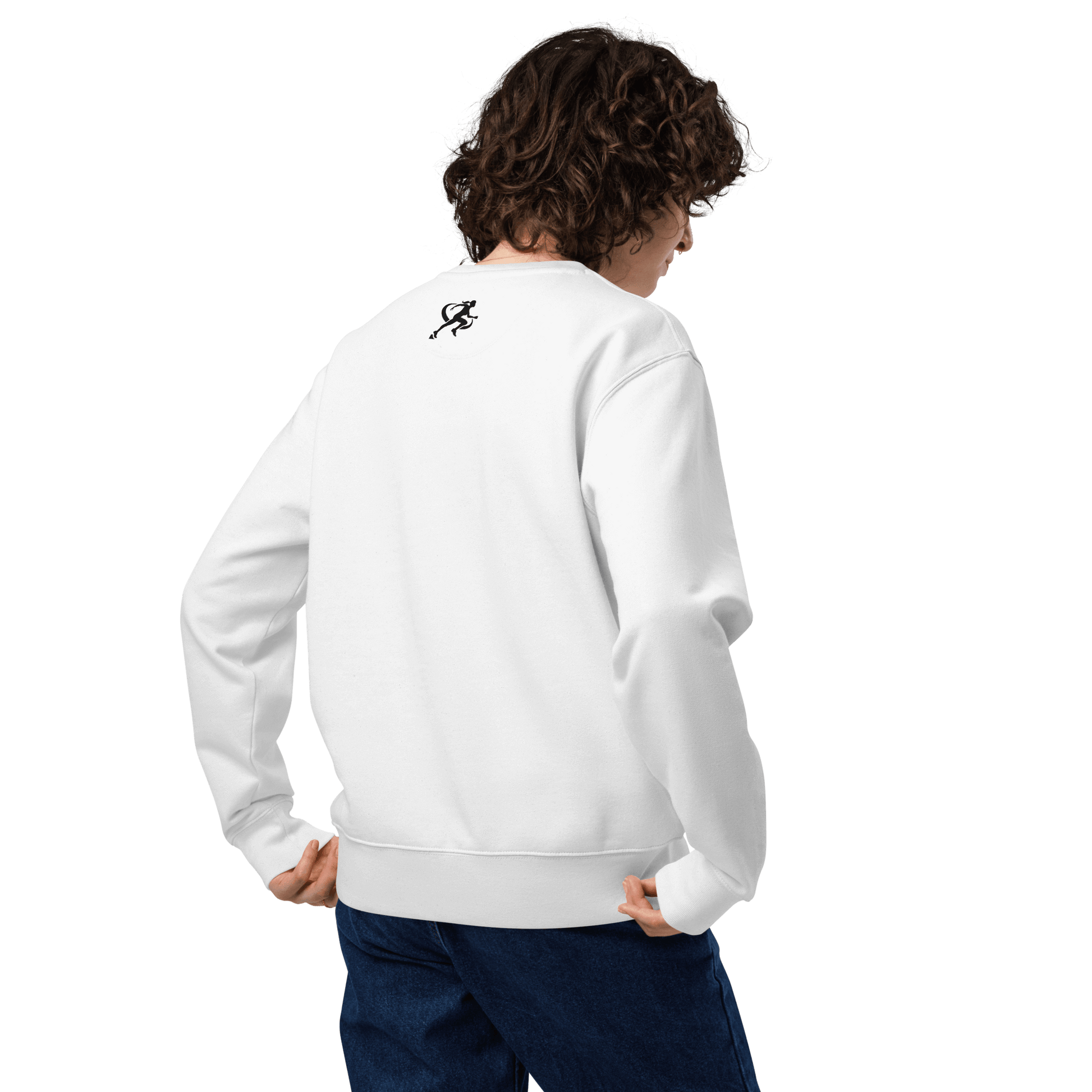 Person wearing a white sweatshirt with a small logo on a white background