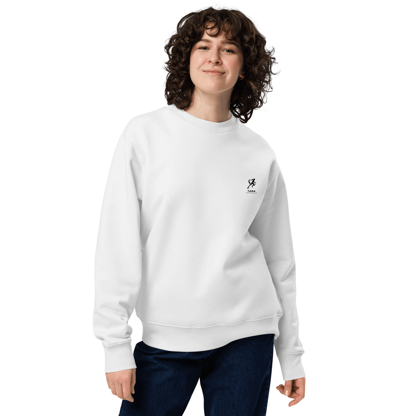 Person wearing a white sweatshirt with a small logo on a white background