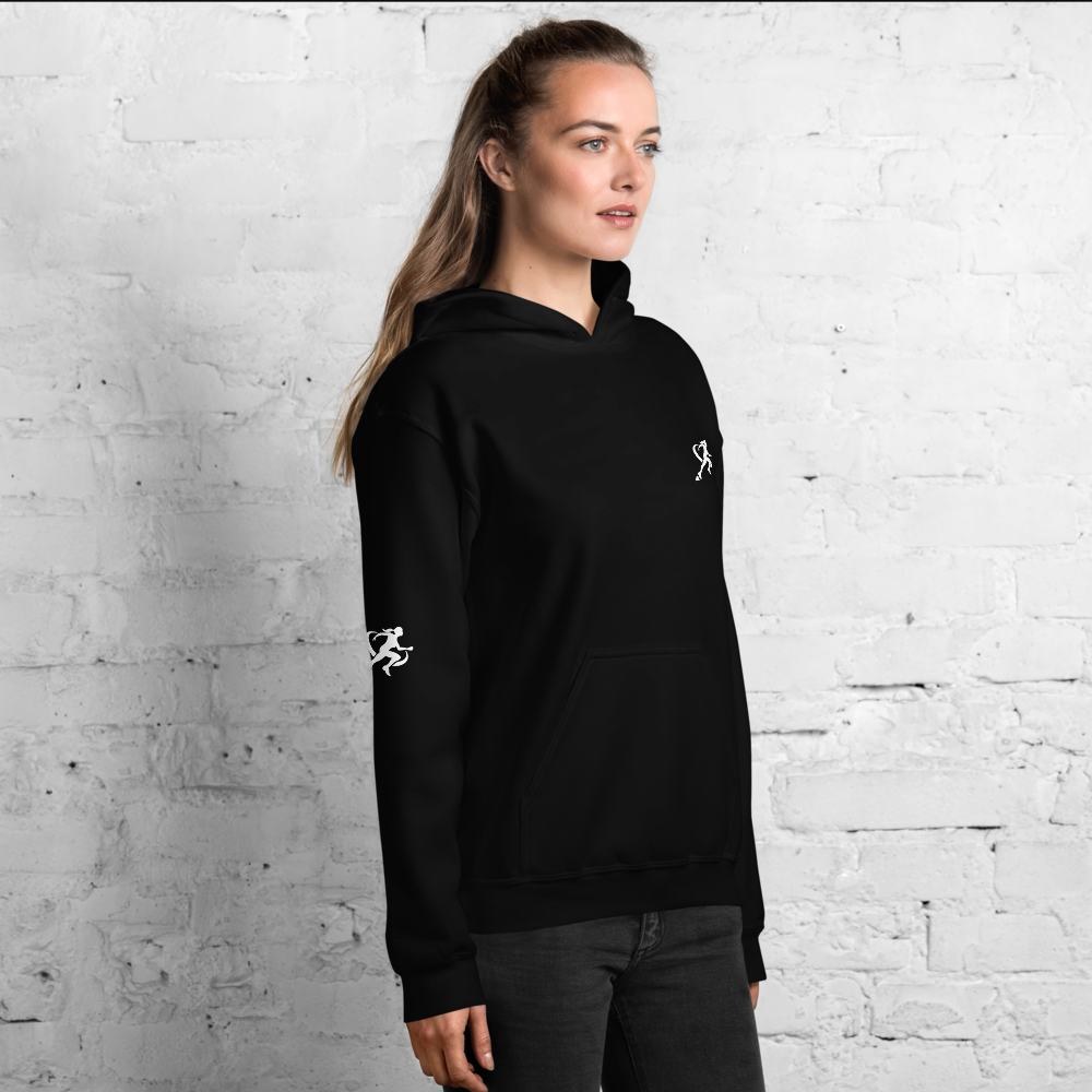 A woman wearing a black Sweatshirt with a white background