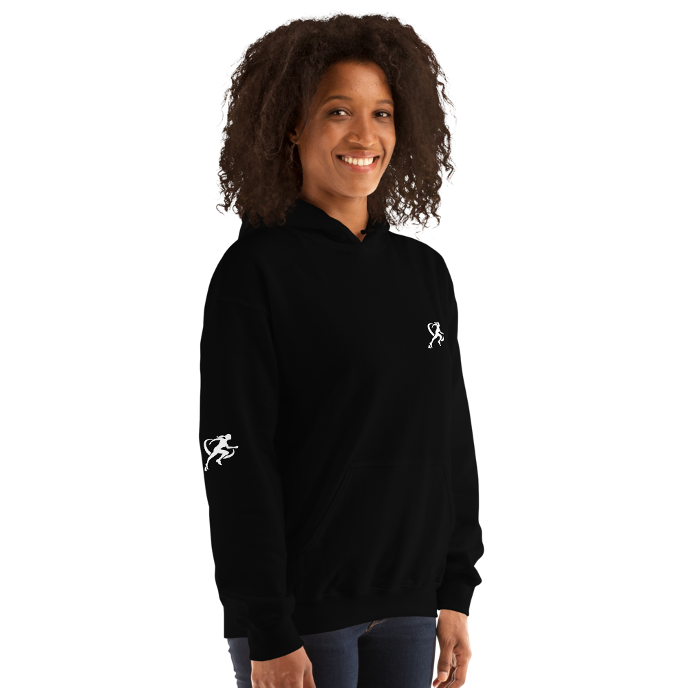 A woman wearing a black Sweatshirt with a white background