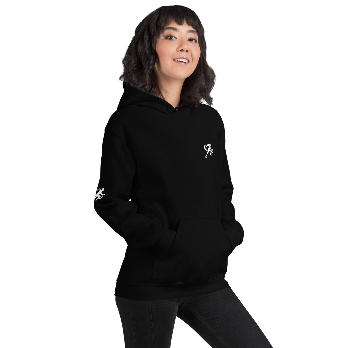 A woman wearing a black Sweatshirt with a white background