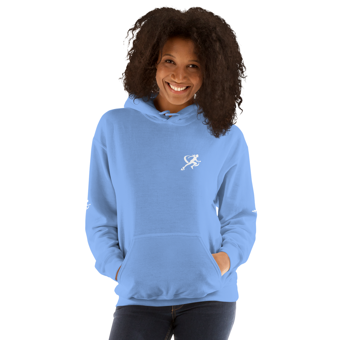 A woman wearing a carolina blue Sweatshirt with a white background