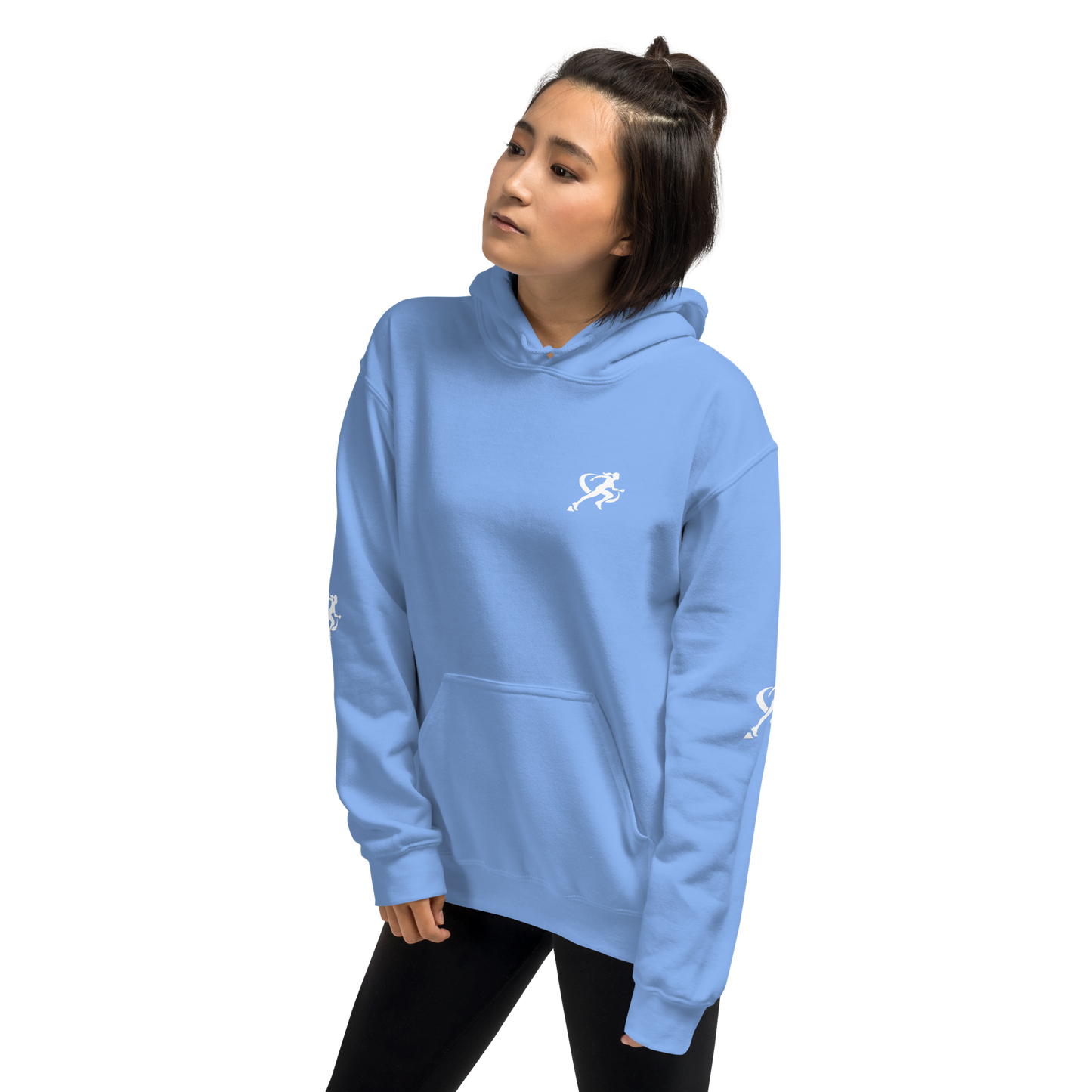A woman wearing a carolina blue Sweatshirt with a white background