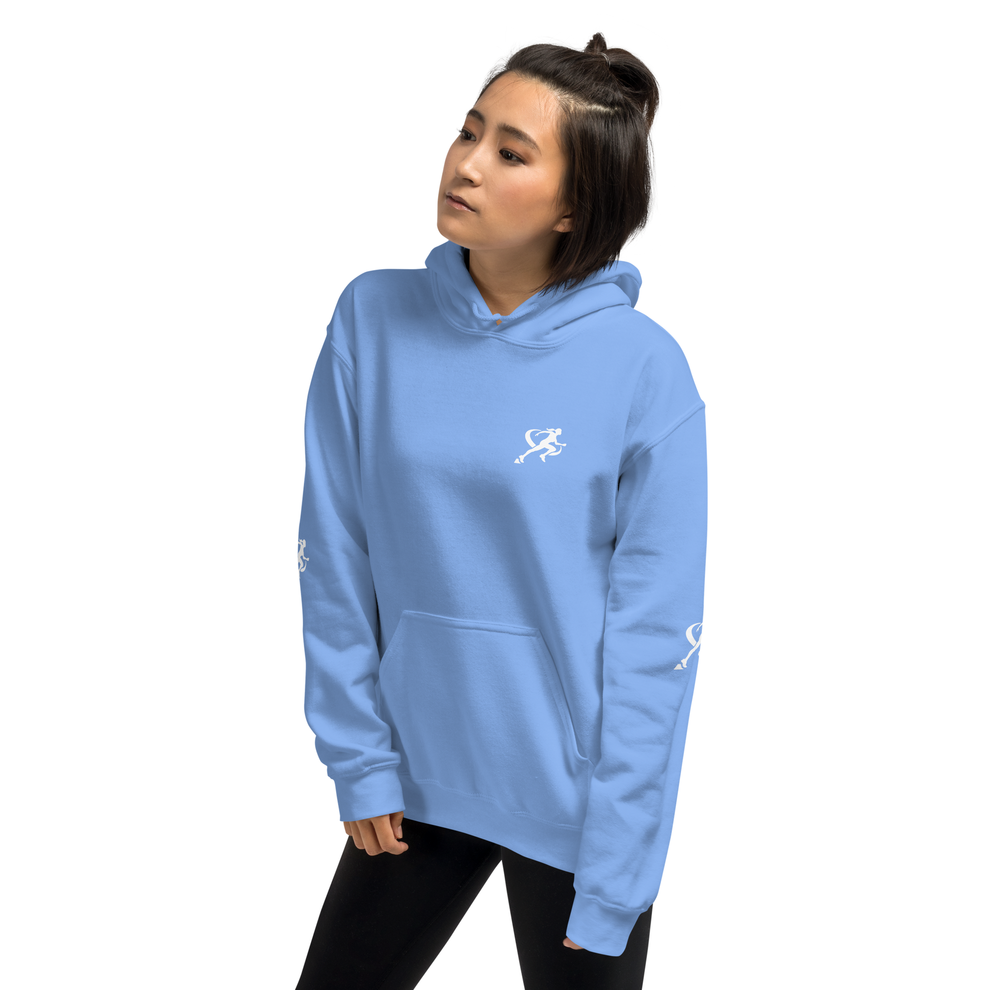 A woman wearing a carolina blue Sweatshirt with a white background