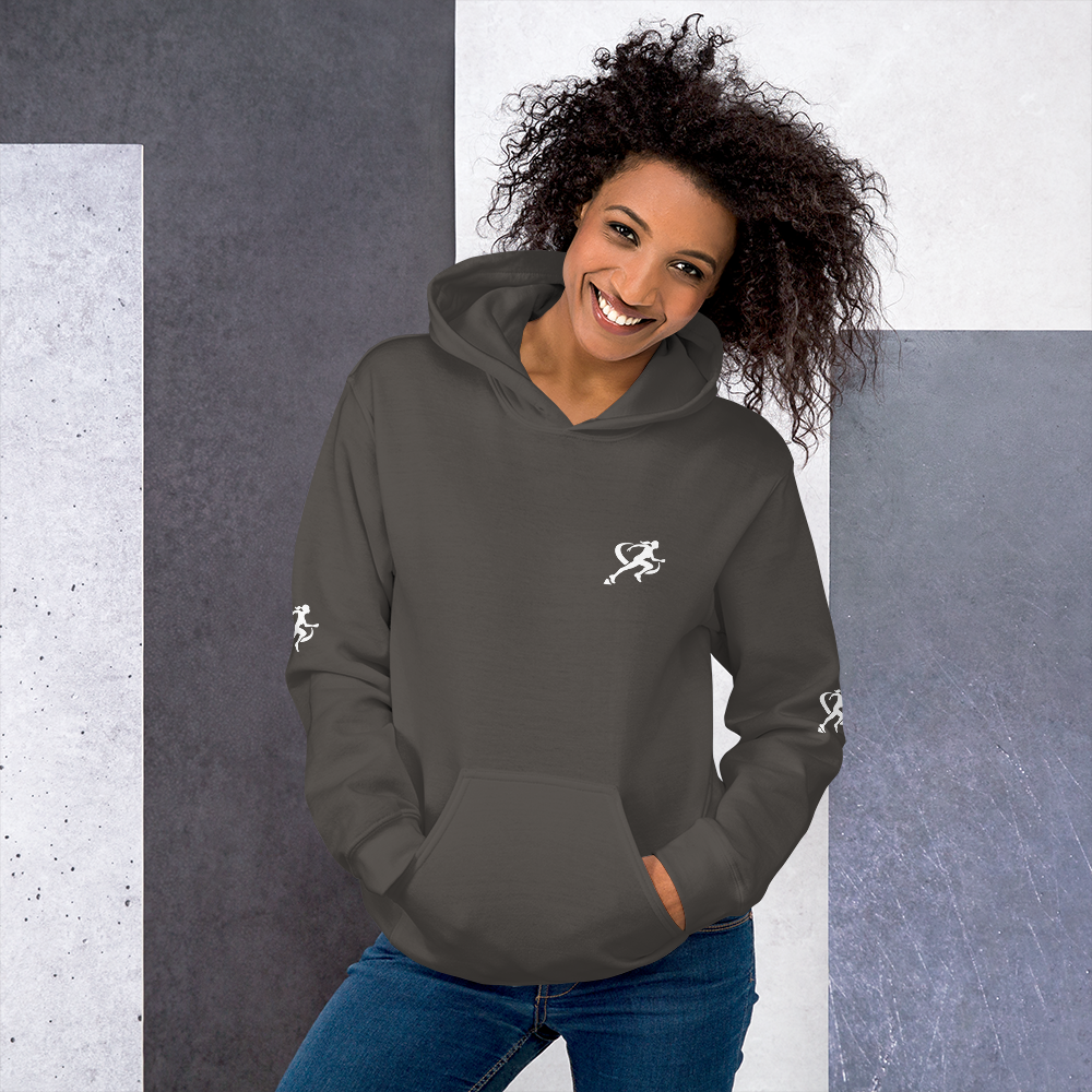 A woman wearing a gray Sweatshirt with a white background