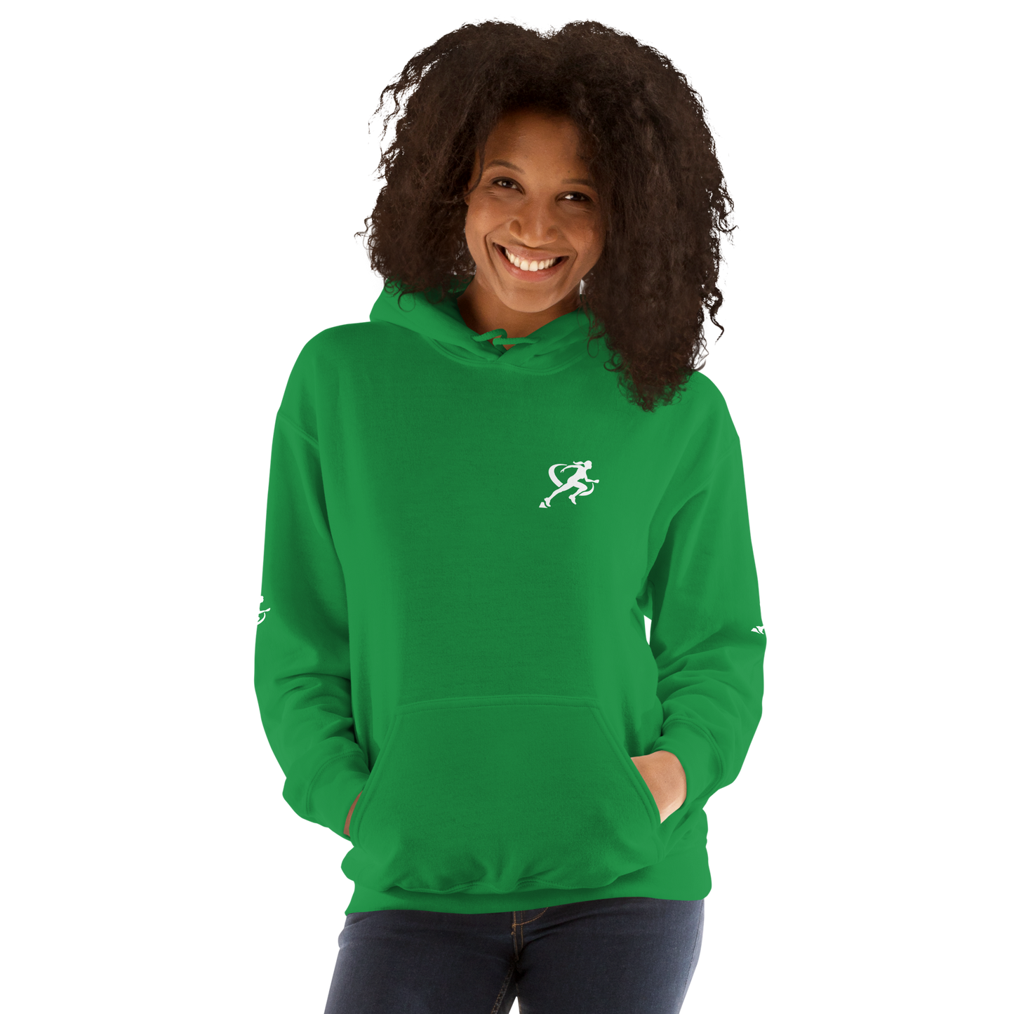 A woman wearing a green Sweatshirt with a white background