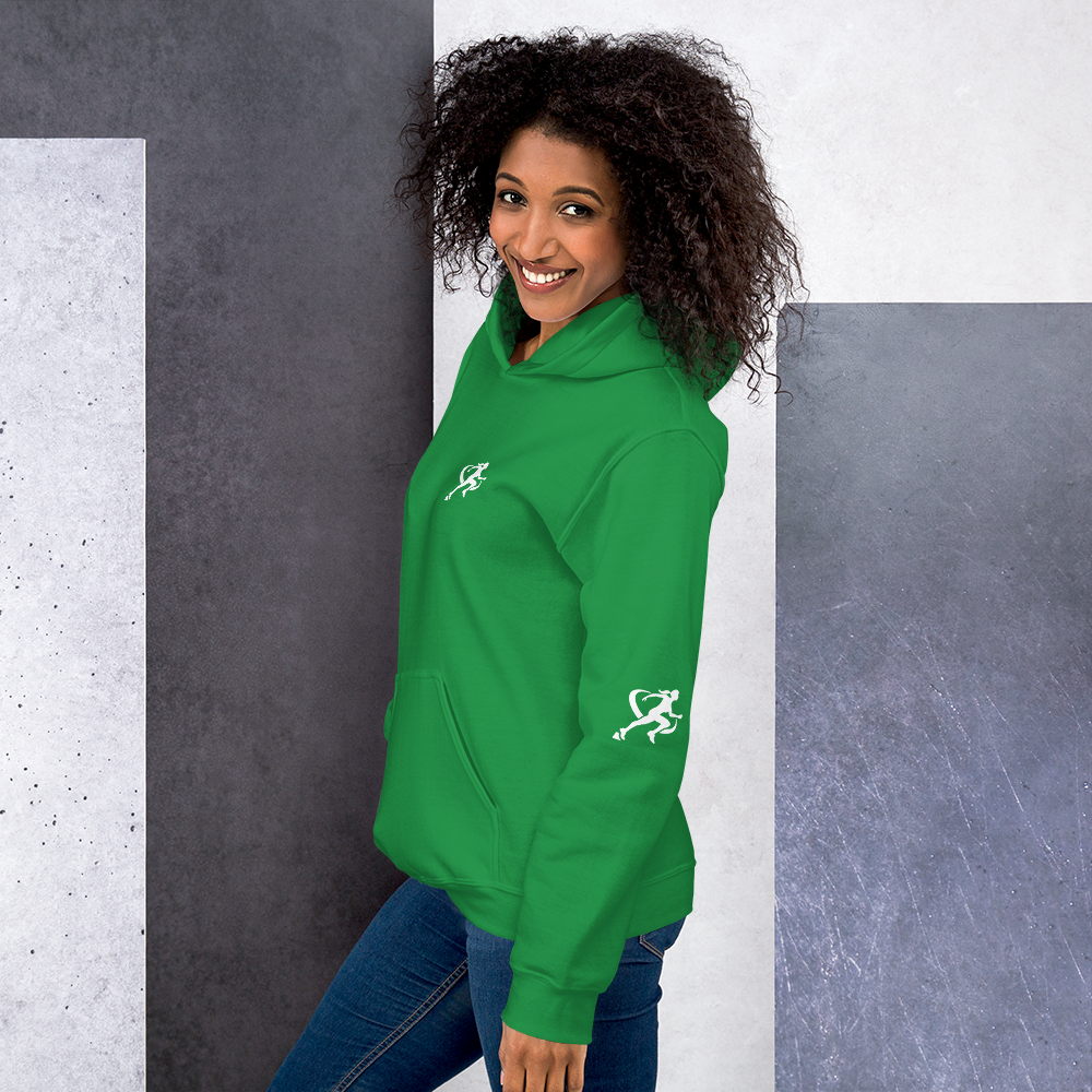 A woman wearing a green Sweatshirt with a white background