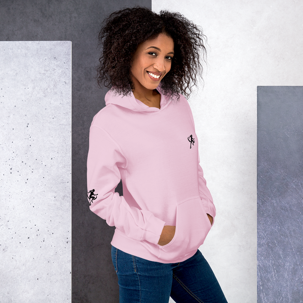 A woman wearing a Pink Sweatshirt with a white background