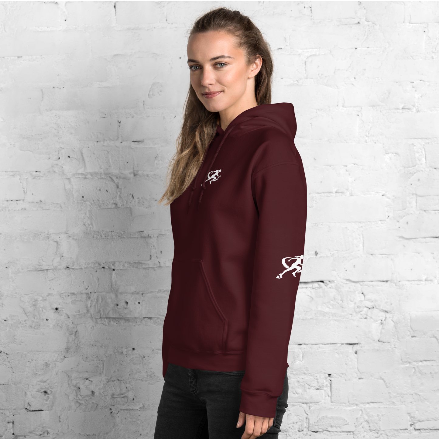 A woman wearing a maroon Sweatshirt with a white background